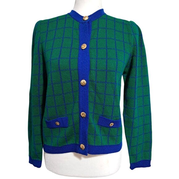 Laura Petites by Alyzia Sweaters - 80s Laura Petites Alyzia Plaid Knit Cardigan Sweater Women's Size 8P Preppy Libr